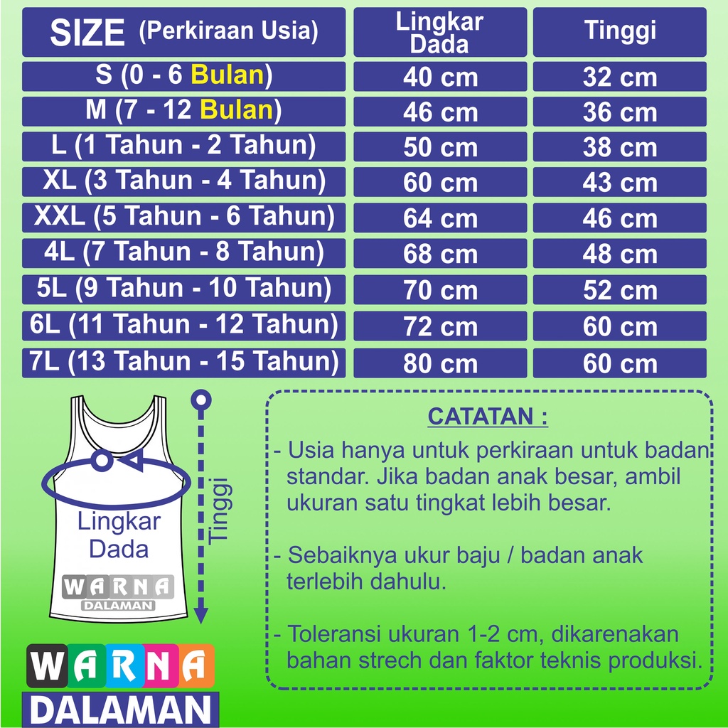 6 Pcs Singlet Putih Anak Perempuan dan Laki Laki Usia 0-15 Tahun Khusus Warna Putih | WARNA DALAMAN