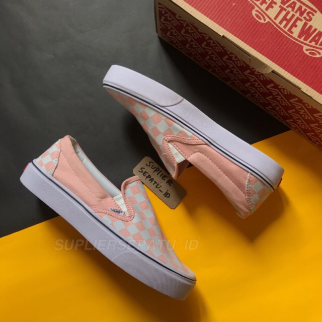 GRADE ORIGINAL  SEPATU  VANS  SLIPON CATUR  CHEKERBOARD PEACH 