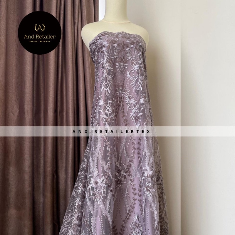 Bahan Kain Kebaya Brokat Tile Payet Gloria Warna Ungu Taro