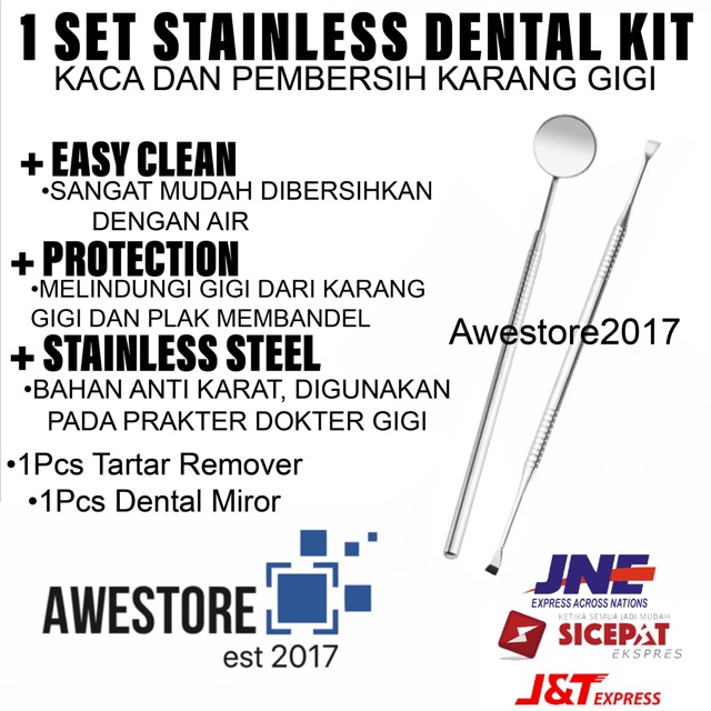 Paket Alat Pembersih Karang Gigi Tartar Remover Dental Miror Kaca Set