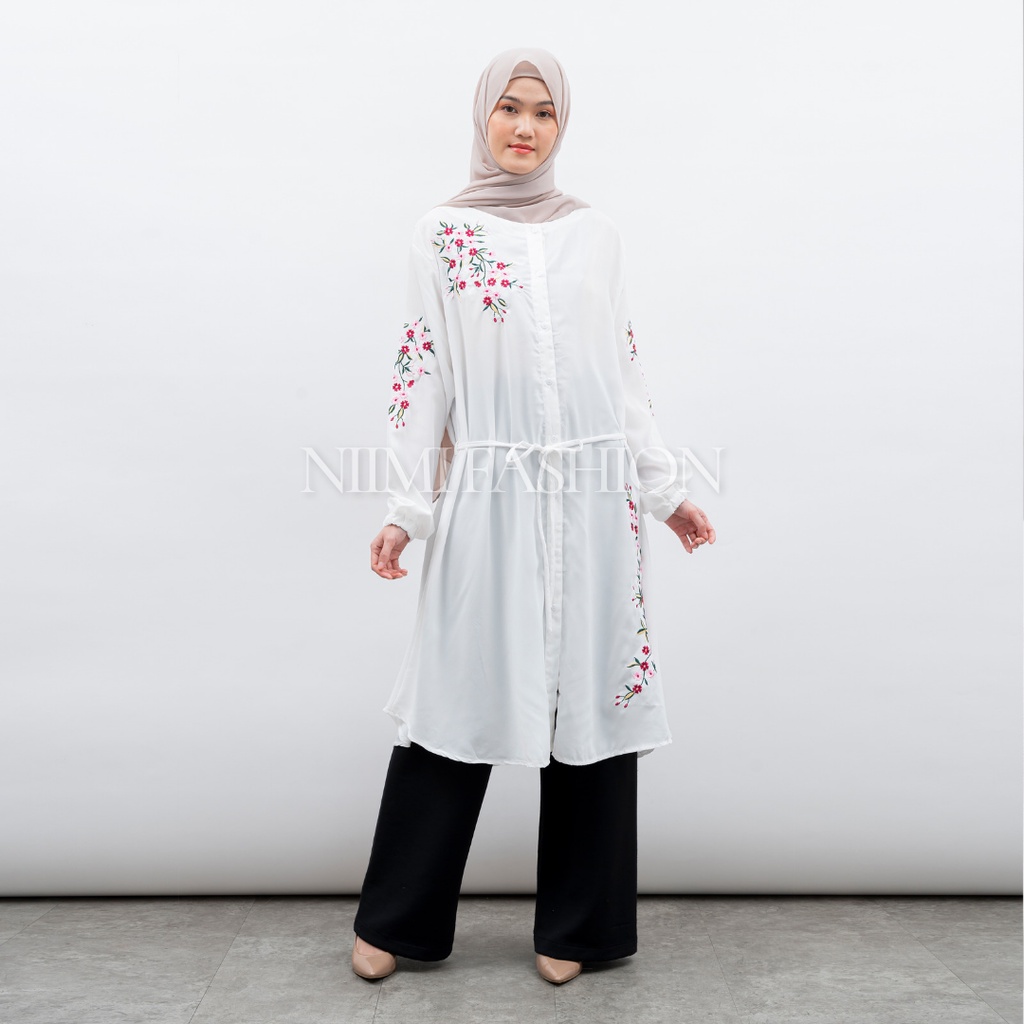 NIMI - Arsyila Midi Dres Tunik Putih Bordir Premium Atasan Long Tunik Putih Jumbo Bordir