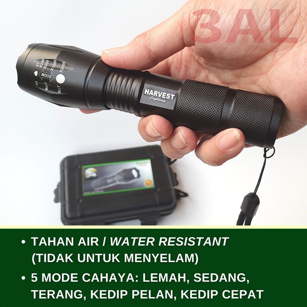 Lampu Senter LED T6 Cree HARVEST LIGHTING Flashlight Flash Light Baterai  Isi  Ulang Rechargeable  Bergaransi