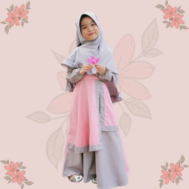 Gamis Anak Ohbaby Syari Series Model Tirai Polos pink abu abu