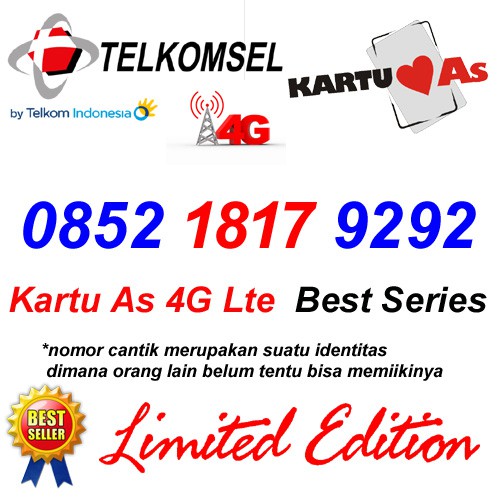 Nomor Cantik As 0852 1817 9292 Kartu Perdana Telkomsel 4G LTE