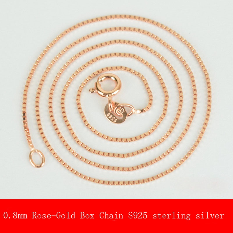 18K rantai emas mawar  Nyata Padat 925 kalung perak murni Kalung 0.8mm Kotak Rantai 16 - 24 &quot;inch Rose Gold Dicap Sederhana Gadis Fashion Perhiasan Hadiah