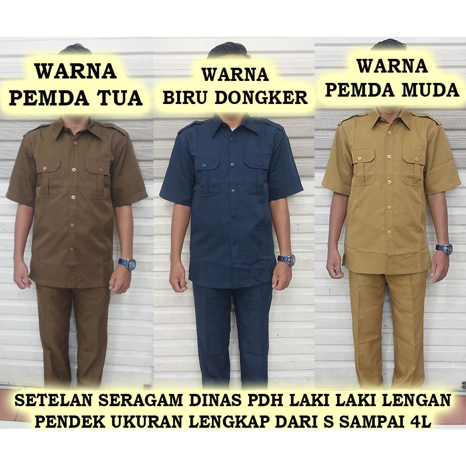 setelan baju dinas PDH laki-laki lengan pendek warna pemda tua-biru dongker-pemda muda ukuran dari S sampai 4L