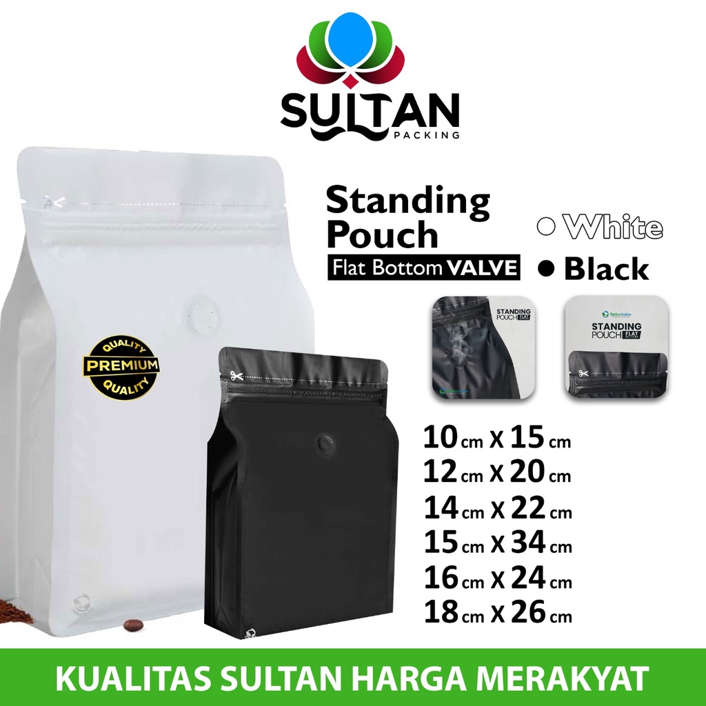 Flat Bottom Valve Standing Pouch Ziplock Plastik Klip Kopi