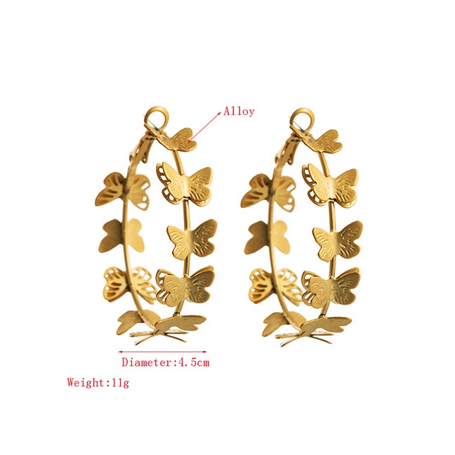 LRC Anting Tusuk Fashion Golden Butterfly Alloy Geometric Round Hollow Earrings K41937