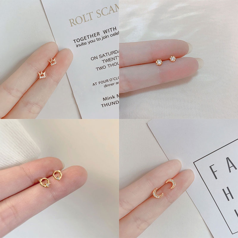 4 Model S925 Jarum Perak Anting Tusuk Anti Alergi Mini Kecil Bunga Bulan Halus Fashion Aksesoris Wanita