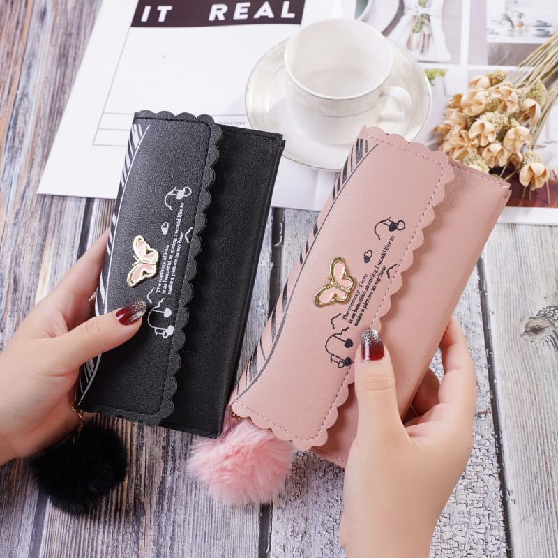 (COD) Dompet Lipat Wanita Panjang Free Pom-Pom Dompet Wanita MALL SHOPPING