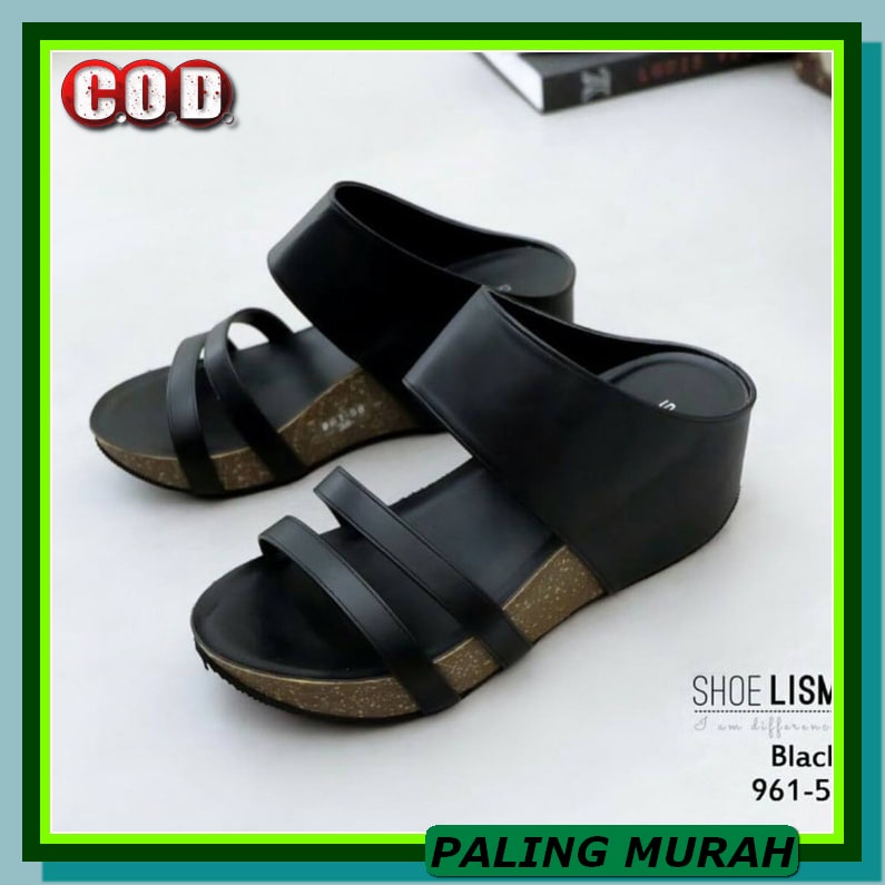 Classic Sepatu Wanita Wedges Brokat Fashion Korea Import 806 HQ440 Sandal Wedges Ss20 Hitam - Hitam,