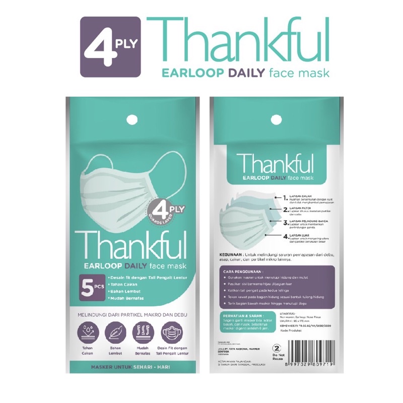 MASKER THANKFUL DAILY MASK EARLOOP 4 PLY DEWASA KEMASAN SACHET ISI 5PCS