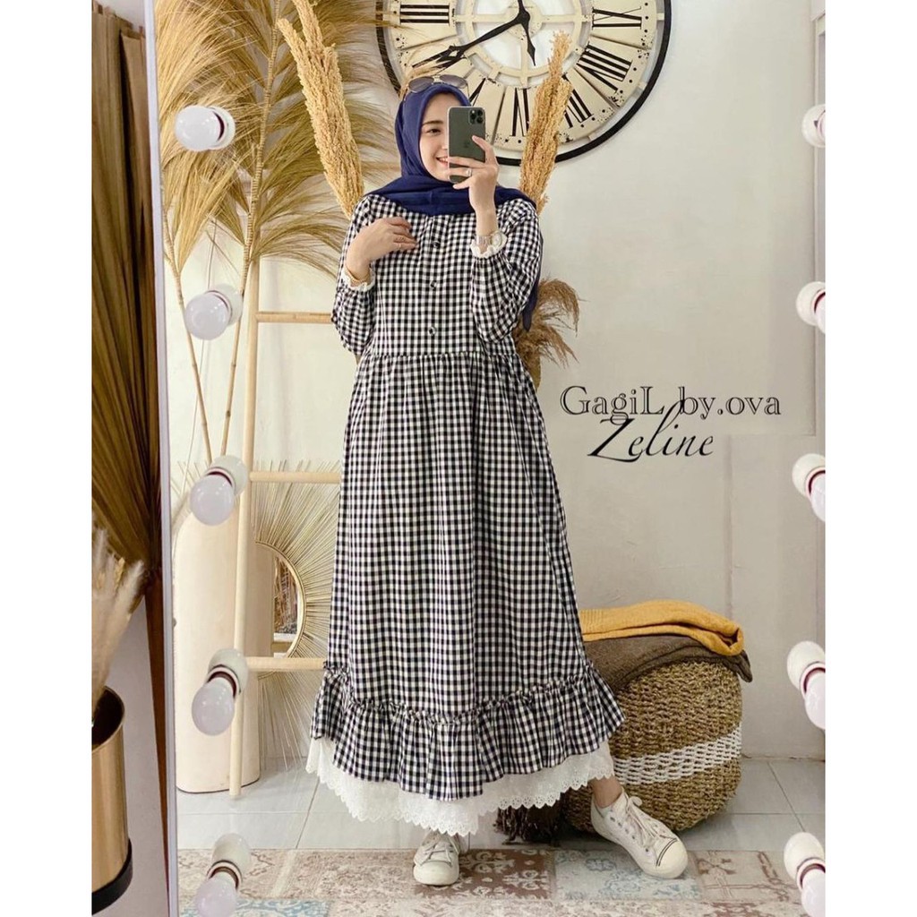 Zeline Maxi - gamis kotak kotak terbaru - MURAH/Bisa COD - dress murah