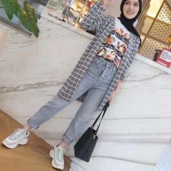 ➷ Cardigan Wanita Panjang Cardigan Panjang Wanita Kotak Kotak GF11 ♦