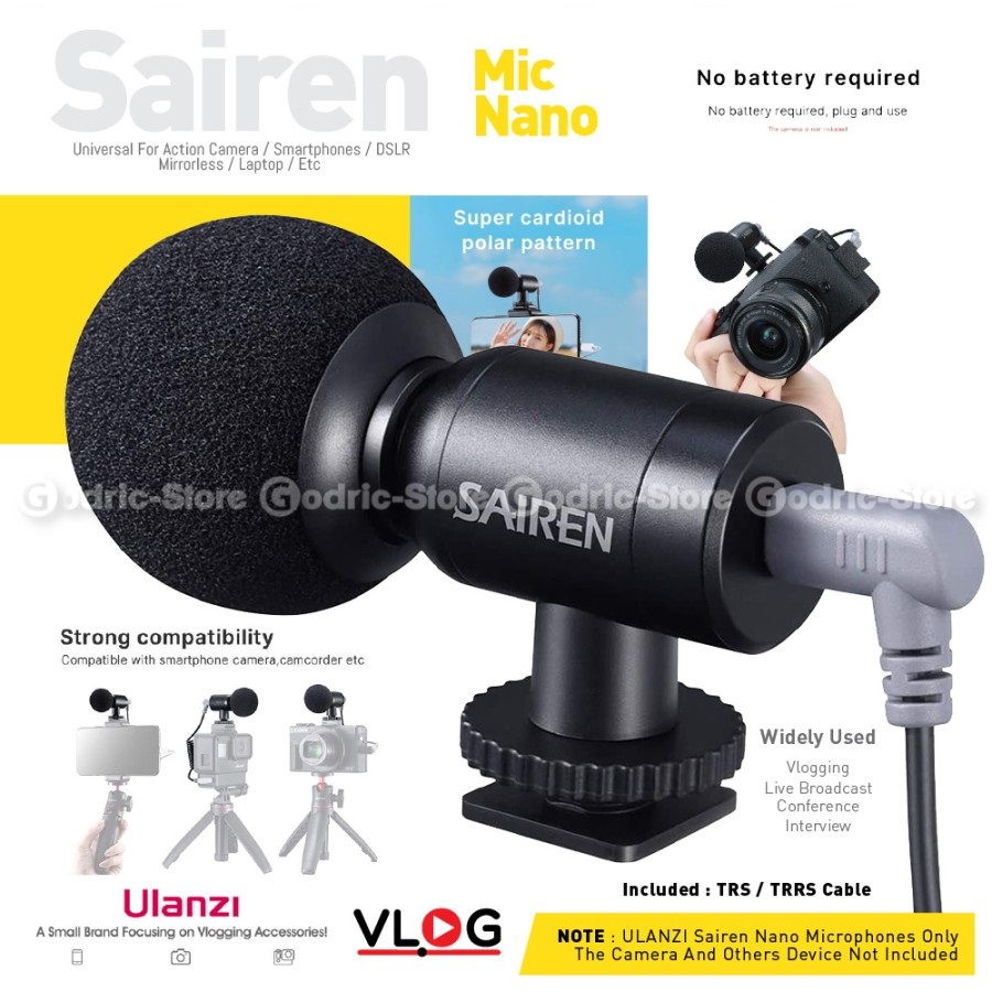 ULANZI SAIREN Nano Mic Cardioid Vlog Microphone untuk Camera &amp; Smartphone