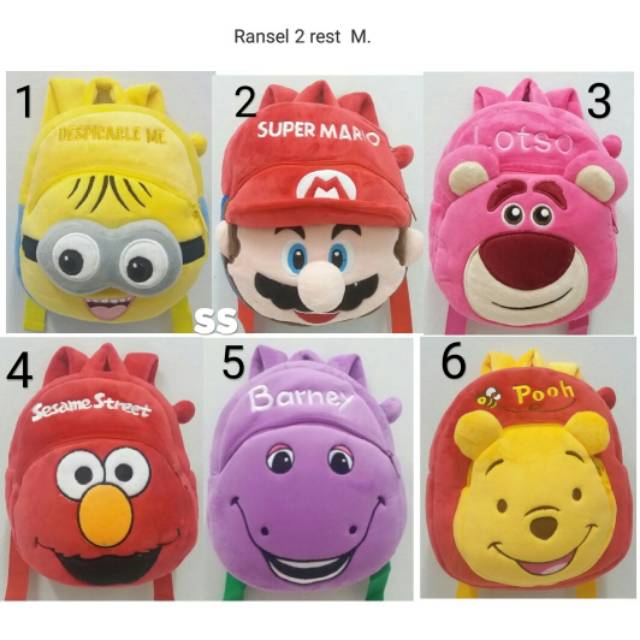 Tas Backpack Ransel Anak Boneka Minion Mario Bros Lotso Elmo Barney Pooh Size M Impr