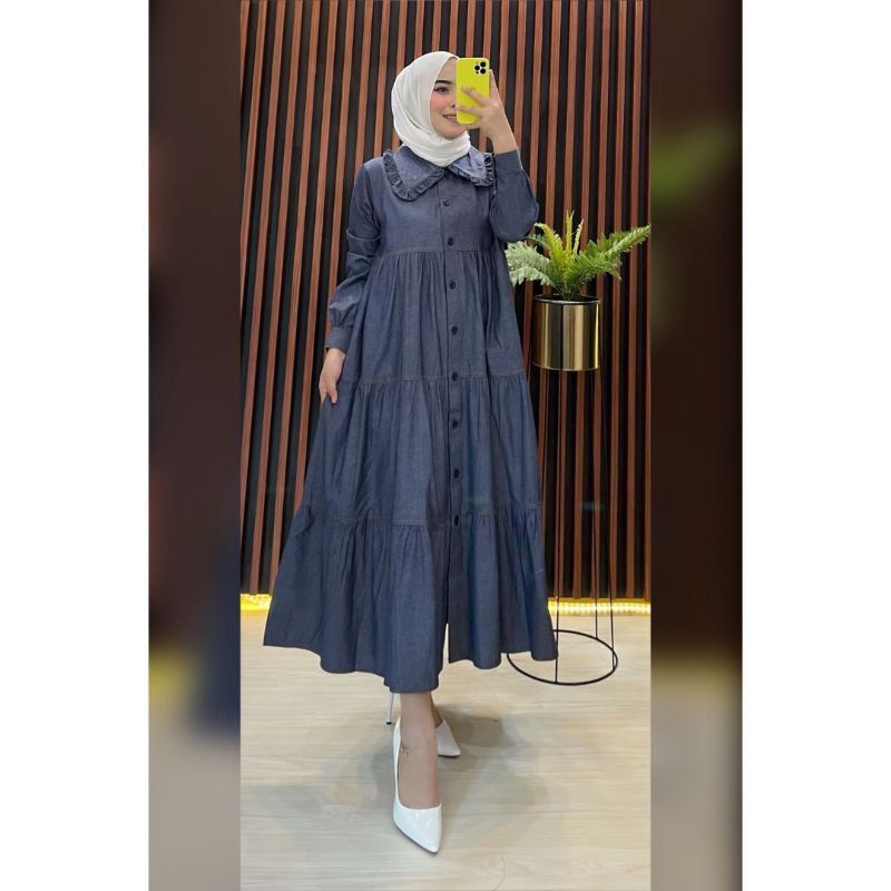 Dress Jeans. baju muslim. Gamis Jeans. Fashion Muslim. Fashion Wanita. Baju wanita. Midi Dress Jeans