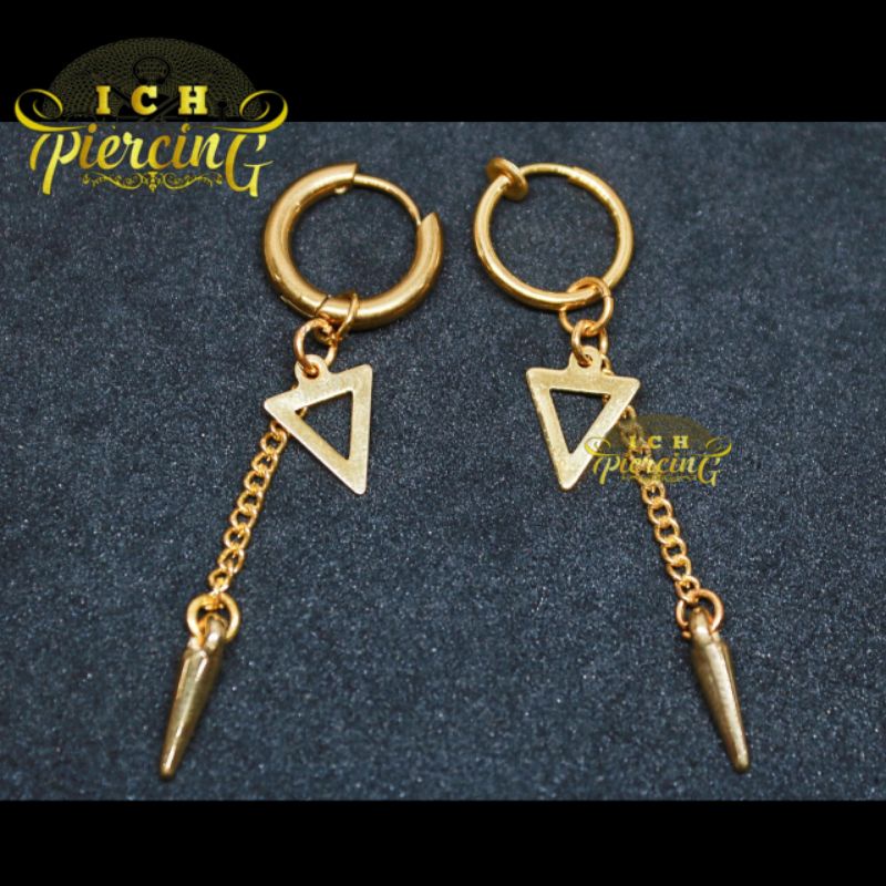 anting Hoop model segitiga rante bandul gold / anting tindik dan jepit warna gold / ICH PIERCING