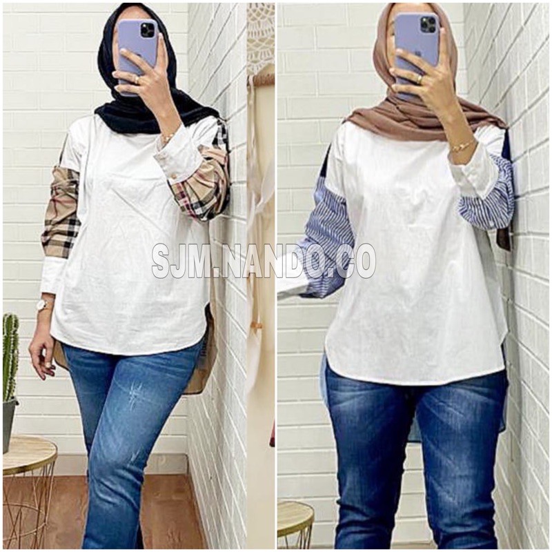 Nando atasan blouse wanita kombinasi salur kotak bahan katun import fit L XL n XxL 697