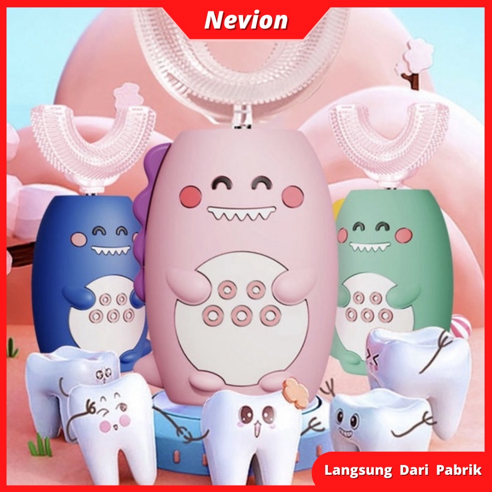 Sikat Gigi Anak Elektrik Dino PREMIUM Berbentuk U 360° Usia 2-7 Tahun / Sikat Gigi Anak Elektrik Lem