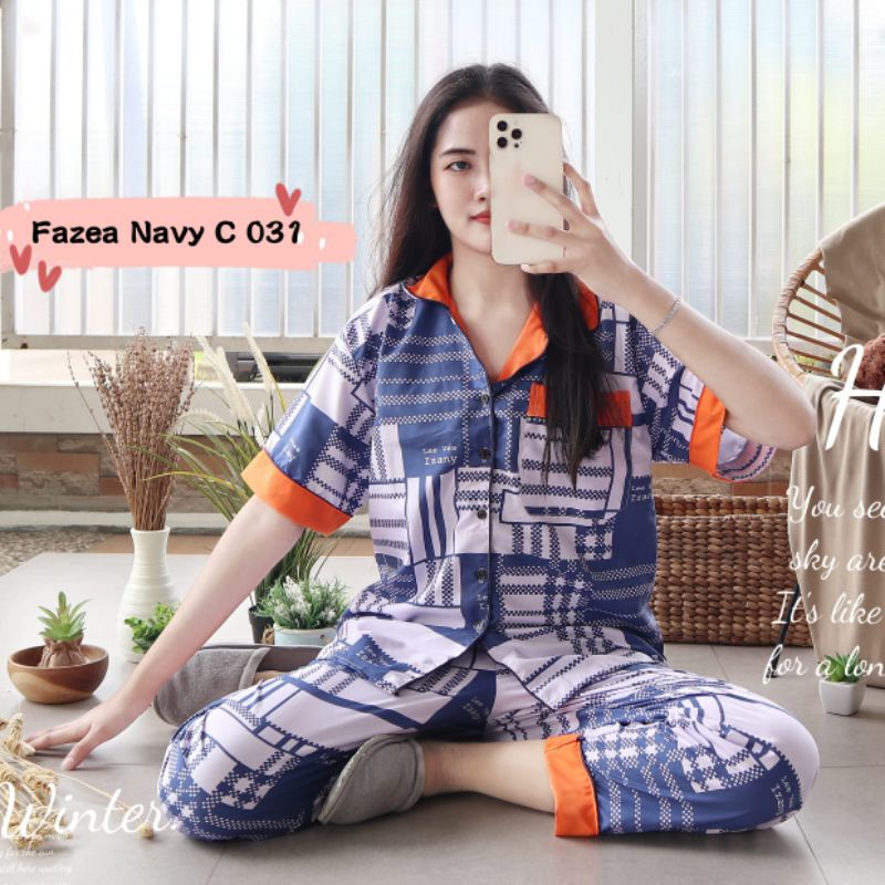 Baju Tidur Piyama Wanita Dewasa Piyama Baju Santai Motif Bunga-Frazea Navy Orange
