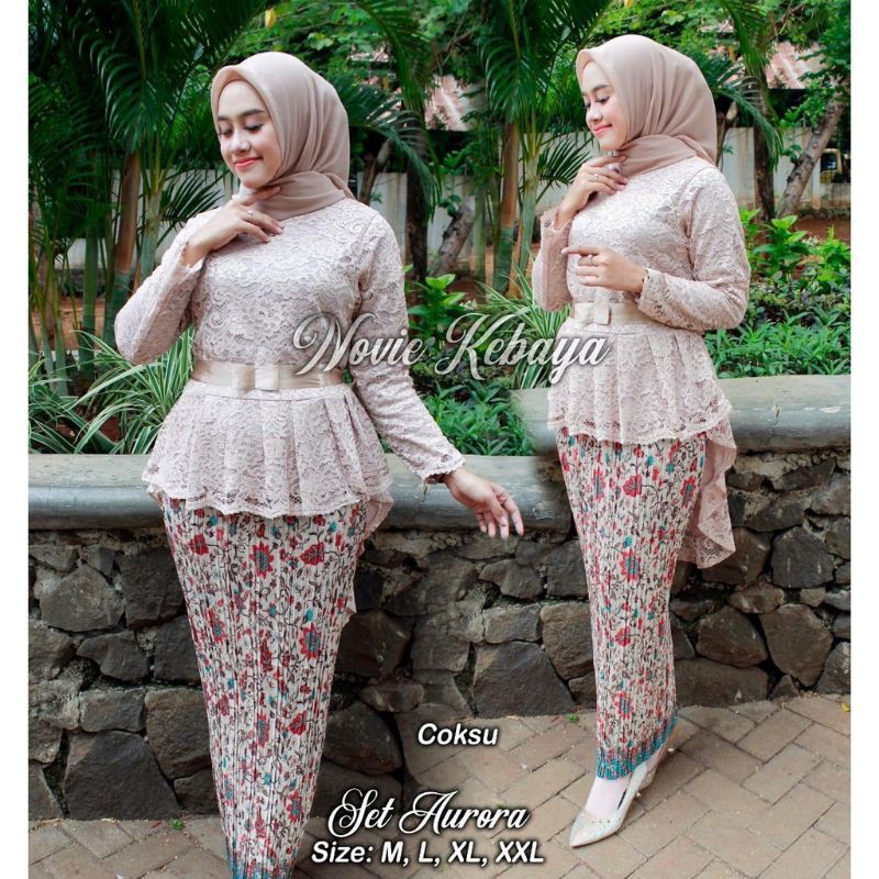 IndahKebaya | SETELAN KEBAYA AURORA BROKAT MIX ROK PLISKET TERLARIS / HIJAU / MOCCA COKSU / NAVY