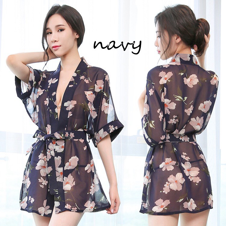 Wanita Piyama transparan Set baju tidur Sexy kimono G-String Bahan Sifon A187-2