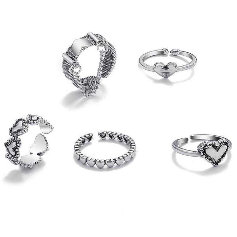 5pcs / Set Cincin Model Rantai Terbuka Bentuk Hati Warna Silver Untuk Wanita