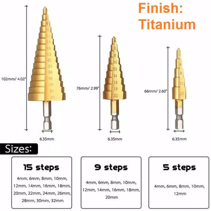 5 / 3 Pcs Mata Bor Pagoda HSS Cobalt Multiple Spiral Step Cone Drill Down Titanium Besi Plastik Kayu