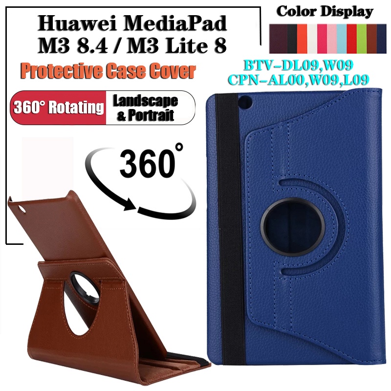 Untuk Huawei MediaPad T3 8.0 KOB-L09 KOB-W09 Tablet Pelindung Case Huawei MediaPad M3 8.4 2016 BTV-DL09 BTV-W09 M3 Lite8 2017 CPN-AL00 CPN-W09 CPN-L09 360° Casing Flip Stand Putar