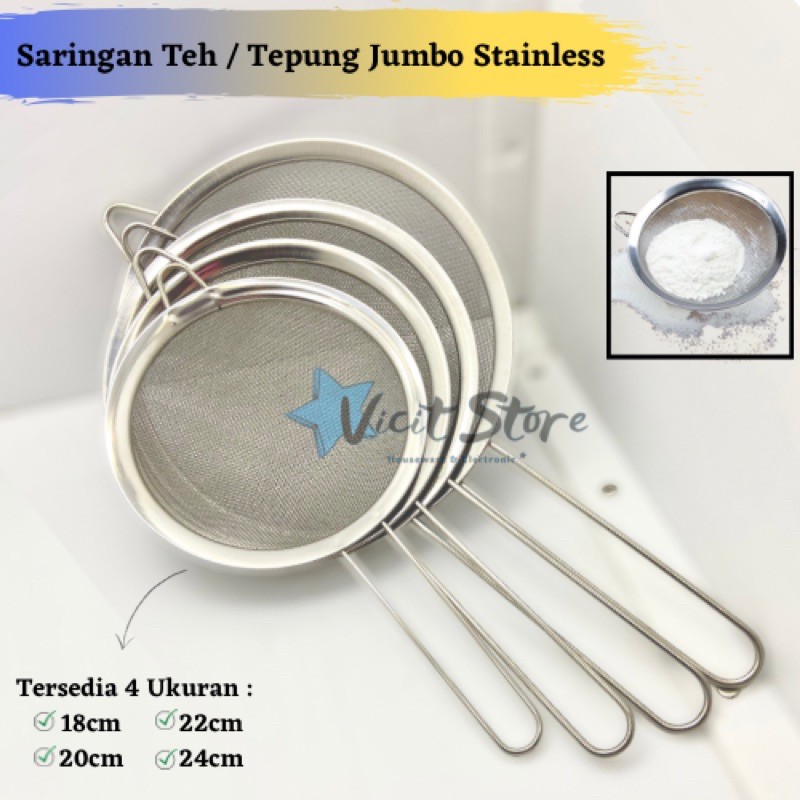 Saringan Teh / Tepung Stainless Ukuran Jumbo 18cm / 20cm / 22cm / 24cm