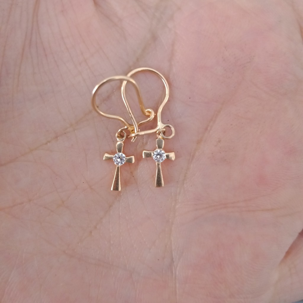 Anting salib permata putih anak dan dewasa emas asli kadar 70% 700 16k 22 gold gantung