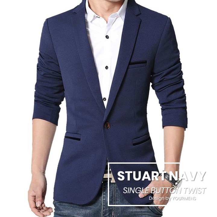 STUART NAVY BLAZER SLIMFIT PRIA KANCING 1 NIKAYU HIGH TWIST PREMIUM ORIGINAL S,M,L,XL EXCLUSIVE TERBARU