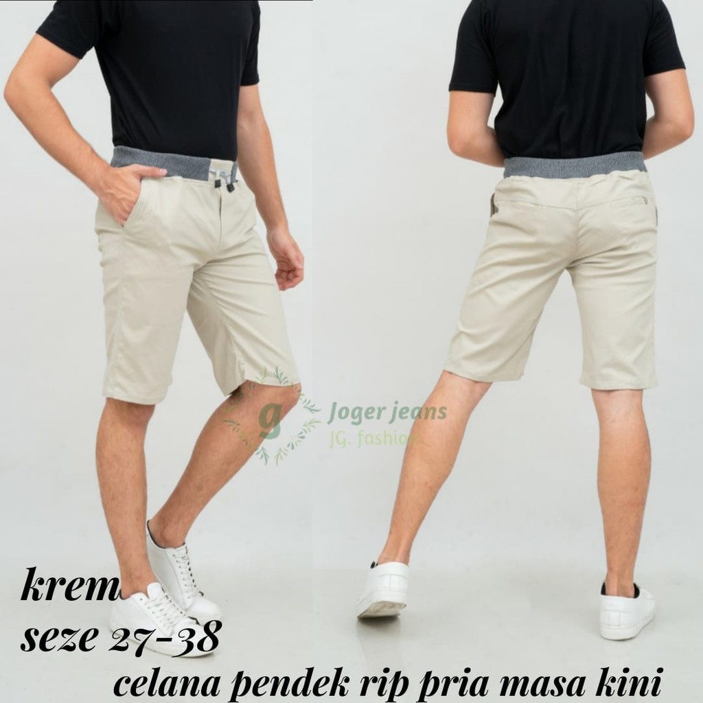 Celana Pendek Pria Pinggang Kolor RIP Bahan Katun Stretcth Polos Hitam Krem Abu Moca 27-38-/.