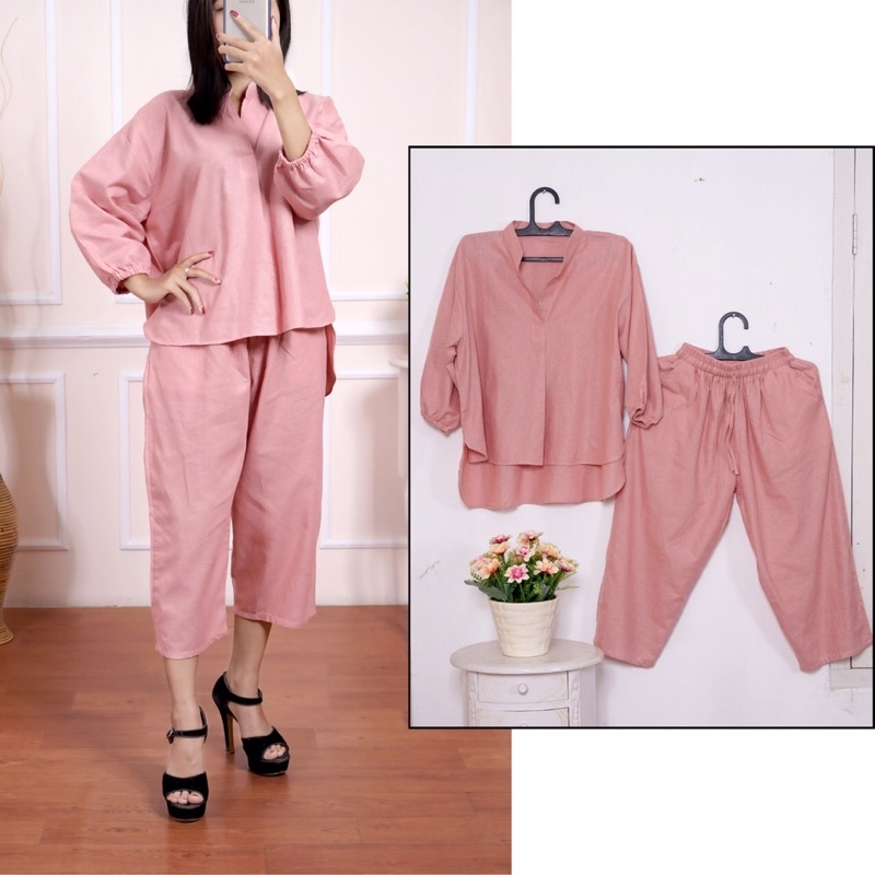 Setelan Wanita Atasan setelan kulot, setelan wanita polos terbaru+Celana Kekinian Lucia set Linen one set terbaru