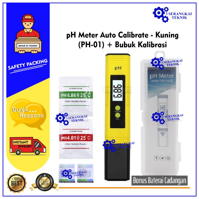 pH Meter Auto Calibrate - Kuning (PH-01) + Bubuk Kalibrasi