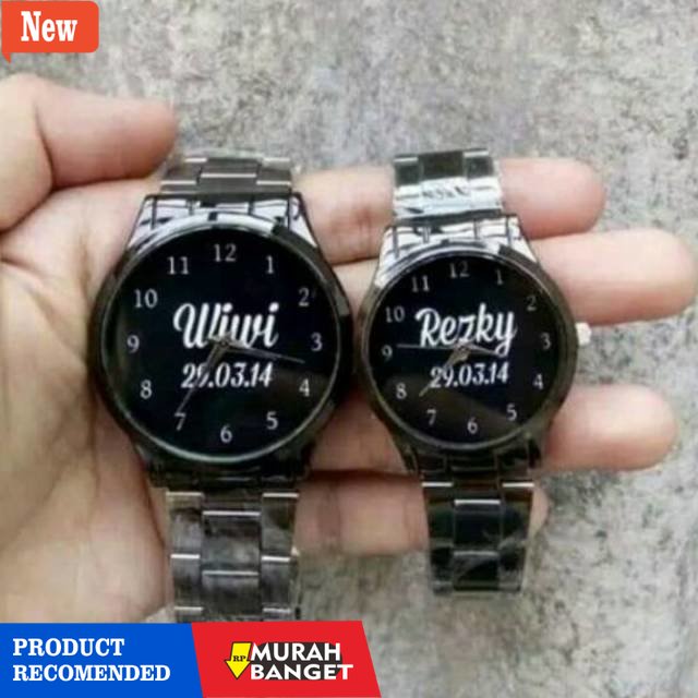 Jam tangan couple terbaik- Jam Tangan Custom Rantai Hitam Kaca Datar Elegan