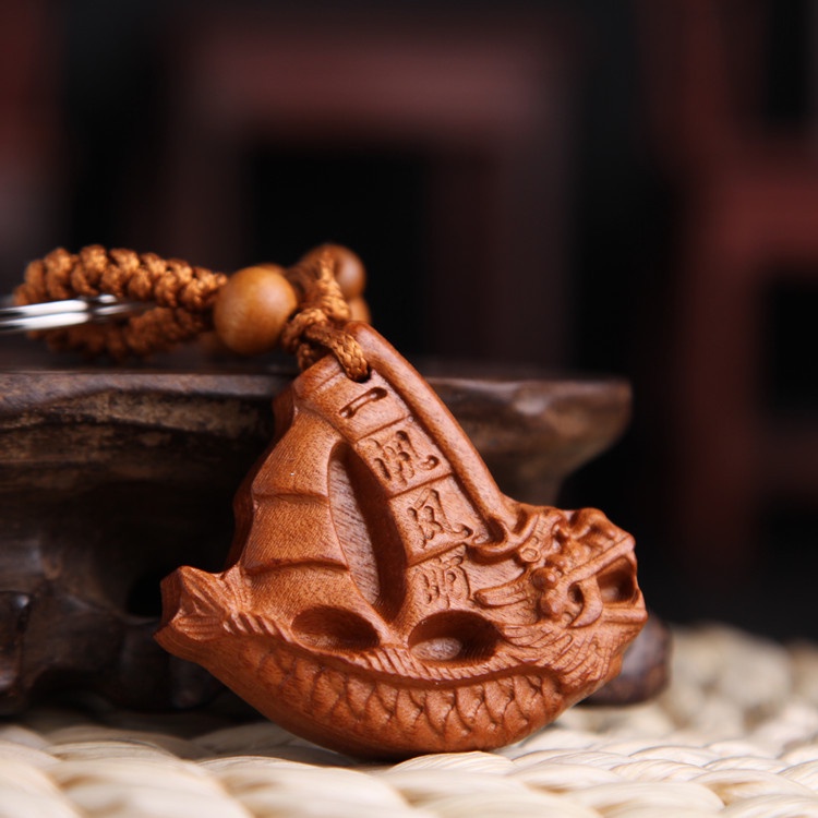 Gantungan Kunci Kayu Kapal Naga / Gantungan Kunci Ukiran Perahu Naga Bahan Kayu Persik Mahoni Import