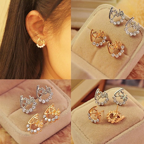 Hu Hu Hu Hu Hu Alat Bantu Pasang Kacamata♡ Anting Tusuk Desain Tulisan Love Hias Berlian Imitasi Gaya Elegan Berkilau Untuk Wanita