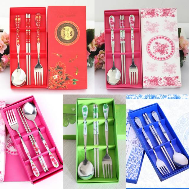 JOS694 Sendok Garpu Sumpit Set 3 in 1 Stainless Steel Souvenir Nikah Kado