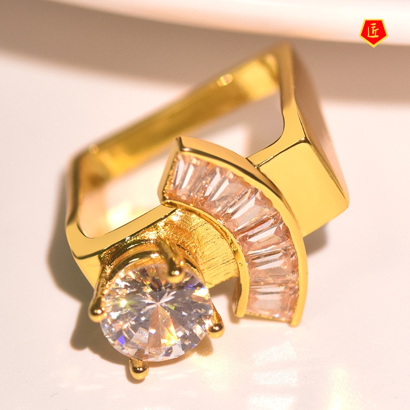 [Ready Stock]Inlaid Trapezoidal Square Diamond Ring 18K Gold Creative Personality