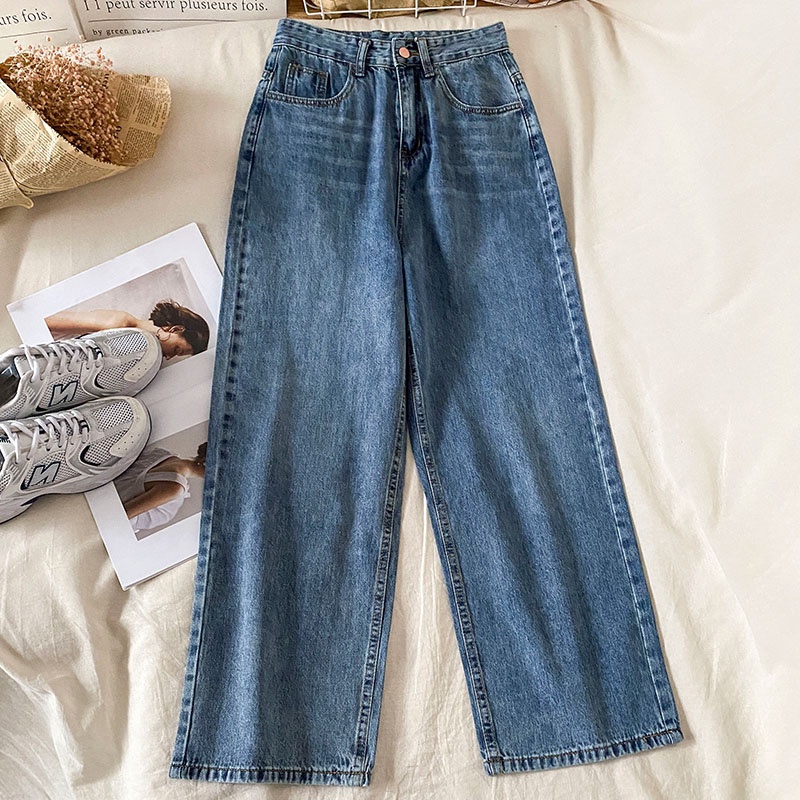 Korean Celana Panjang Biru Jeans/Highwaist Straight Loose Jeans/Celana Jeans Wanita