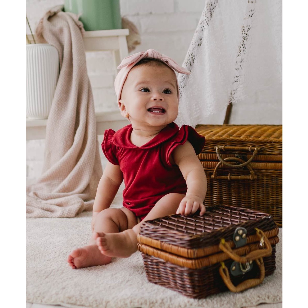 Kottonville - Setelan Baju Anak Bayi Michi Ruffle Sleeves Bodysuits (0-2 yrs) Laki-laki dan Perempuan-Maroon