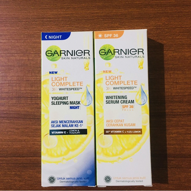 (Dapat 2 pcs Cream Siang + Malam) Paket Garnier LIGHT BRIGHT COMPLETE Day Cream &amp; Night Cream Sleeping Mask - 50 ml / 20 ml - Cream Garnier Kuning Krim Pagi Siang &amp; Malam BPOM Ukuran Besar / Kecil