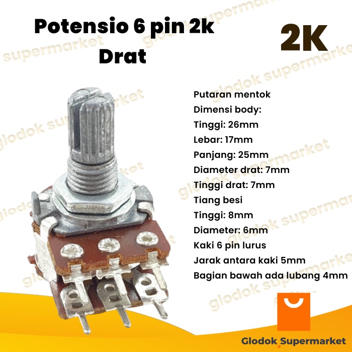 Potensio 6 pin 2k Drat Stereo Kaki 3-3 Lurus Volume Mixer 202