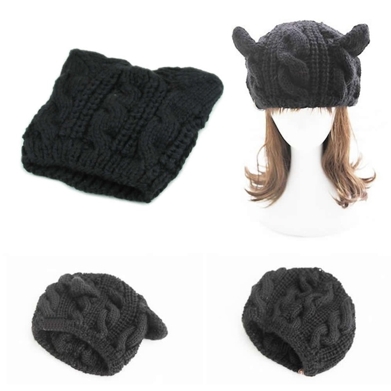 Zzz Women Devil Tanduk Untuk Telinga Winter Beanie Crochet Braided Rajut Ski Wool Ha