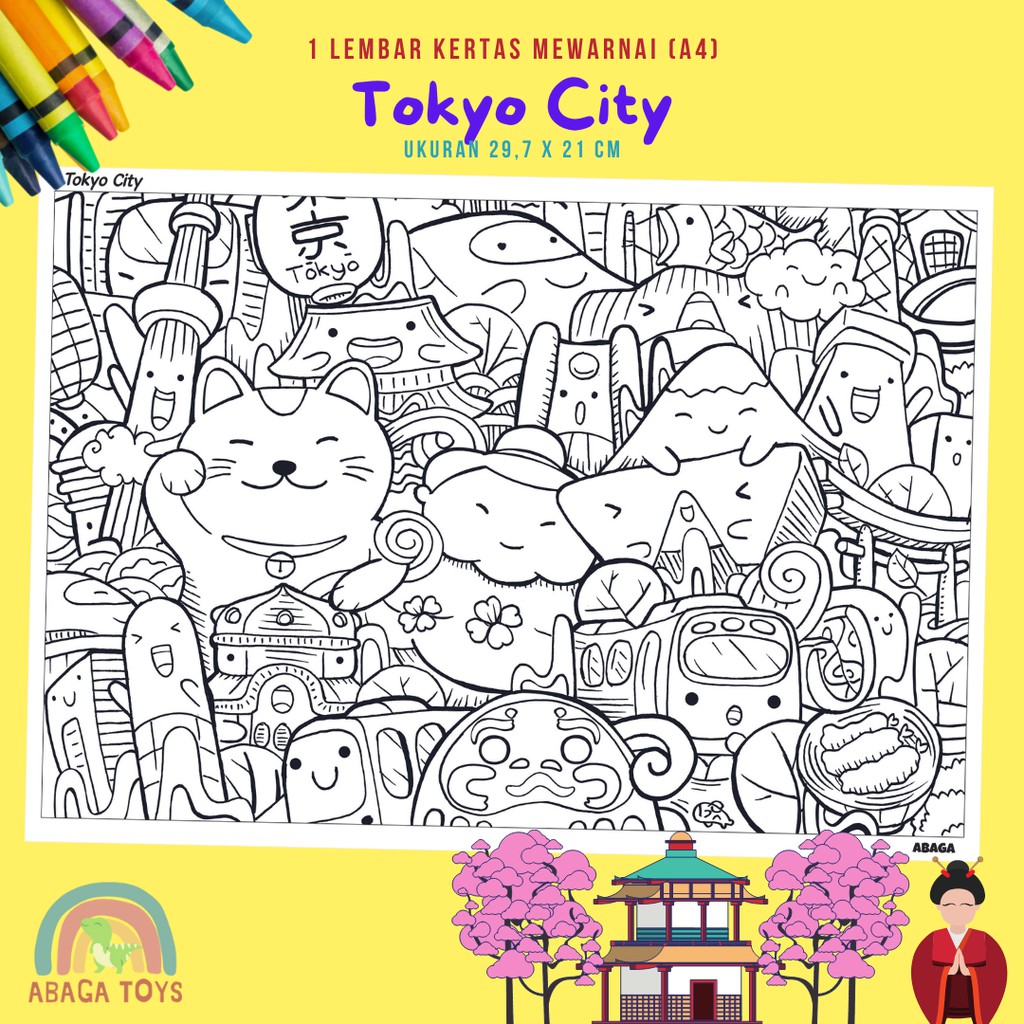 (Min Order 10Pcs) Kertas Gambar Mewarnai A4 - Latih Imajinasi, Kreativitas, Eksplorasi Warna (Coloring Page)-Tokyo City