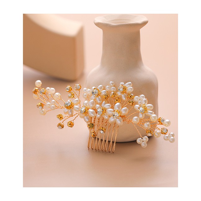 LRC Aksesoris Rambut Fashion Gold Pearl-studded Hair Comb F77666