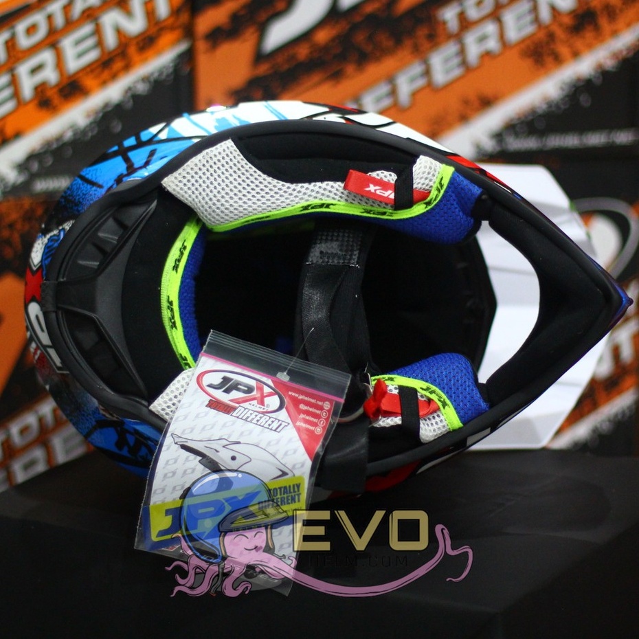 HELM JPX CROSS_FOX1 SERI X6 - PEARL WHITE / BLUE + GOOGLE SNAIL (ONGKIR 2 KG) HELM JPX X6 WHITE ORIGINAL HELM TRAIL HELM KLX JPX SUPERCROSS HELM ADVENTURE JPX X6 RESPECT MOTIF TERBARU JPX HELM JPX TERBARU