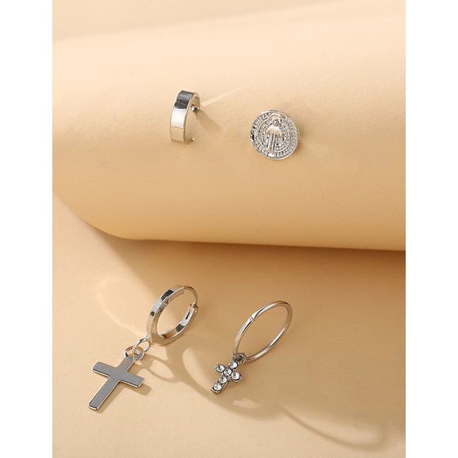 LRC Anting Set Fashion Silver Cross Alloy Diamond Geometric Earring Set K36035